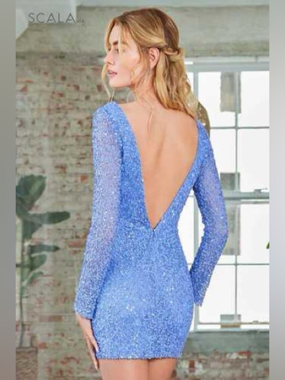 Scala Elegant Blue Sequin Backless Long Sleeve Dress